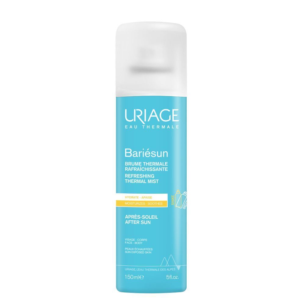 Blauw-witte sprayfles met productnaam en tekst. Uriage Eau Thermale Bariésun After Sun. 150ml.