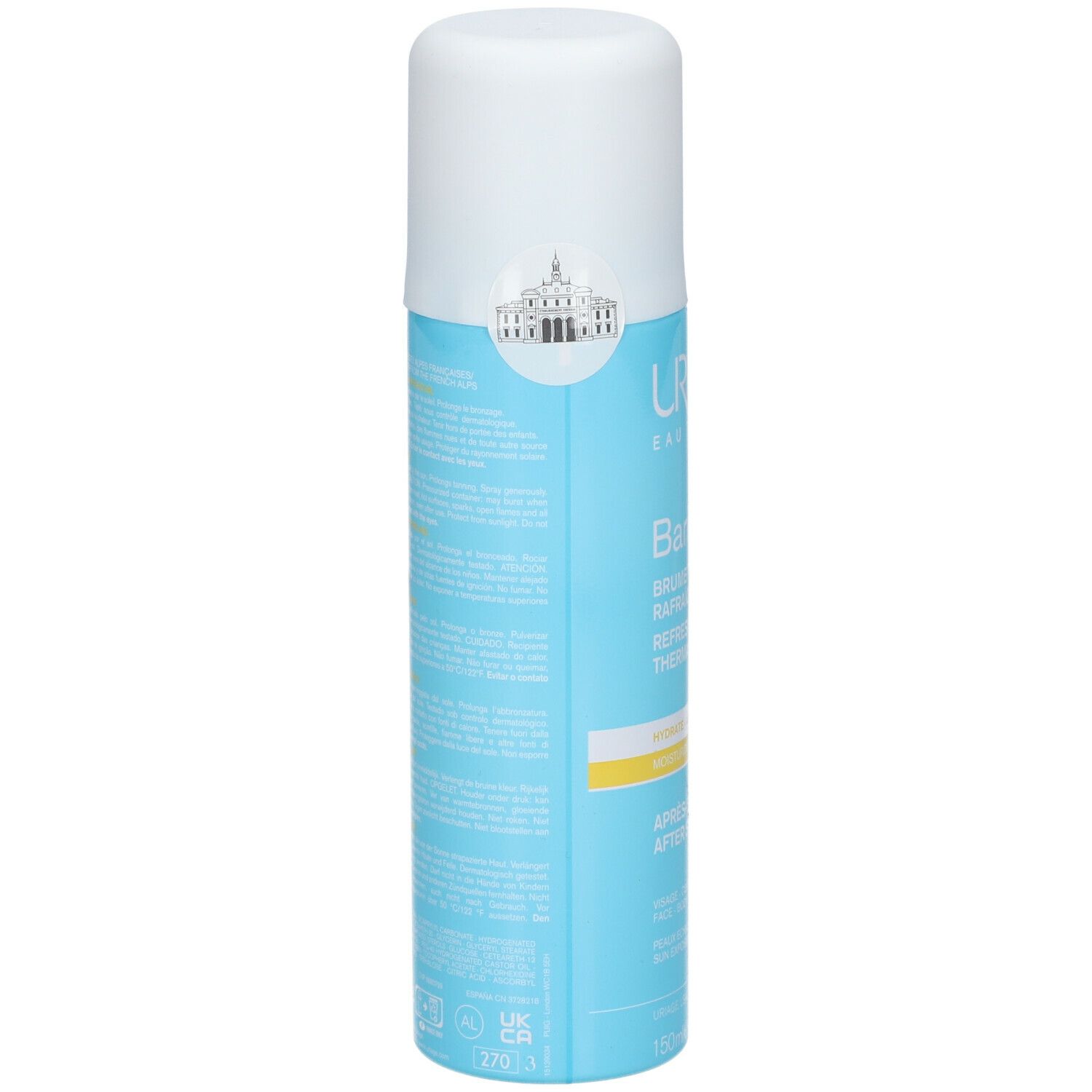 Blauw-witte sprayfles met tekst. Uriage Eau Thermale. Achterkant met productinfo en logo's.