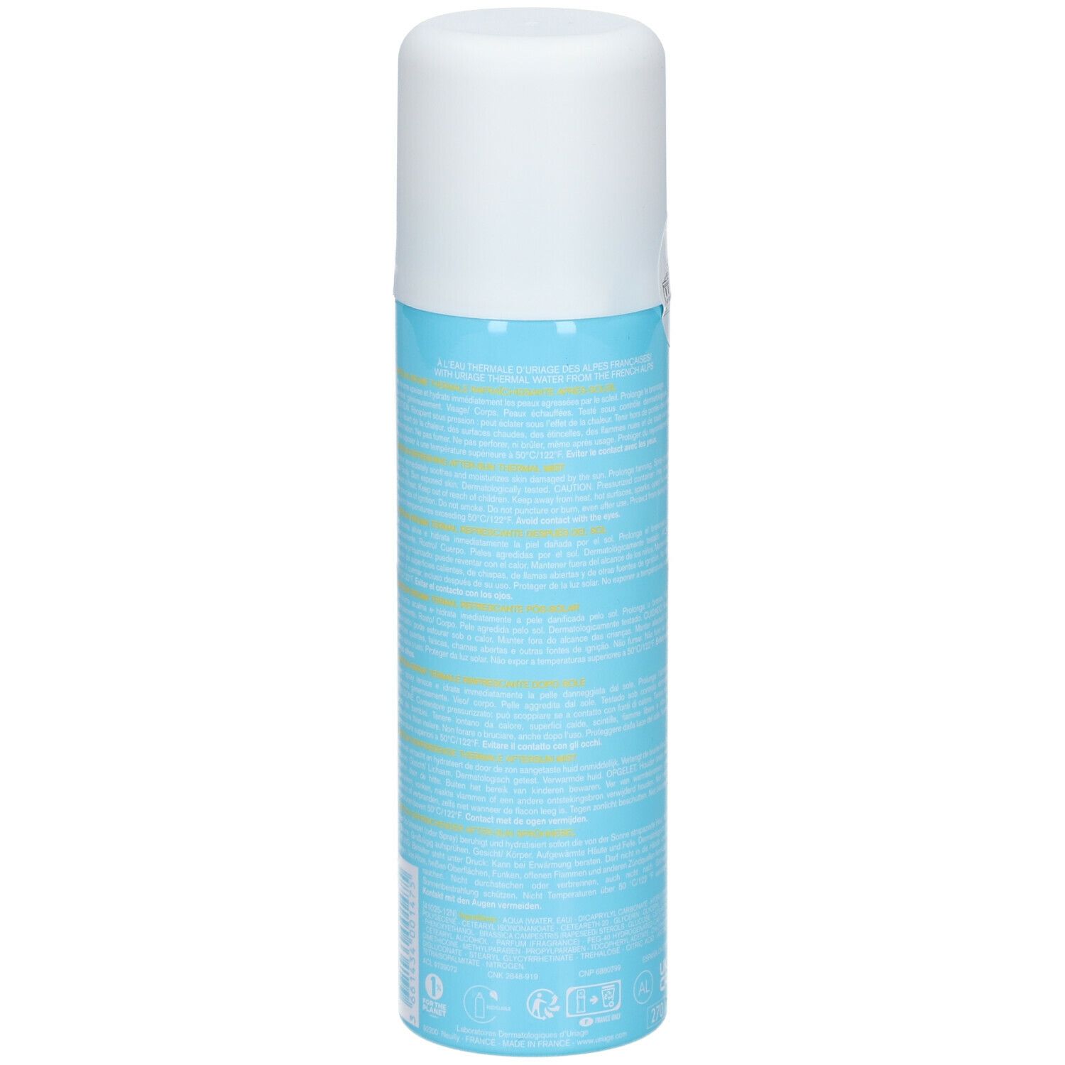 Blauw-witte sprayfles met tekst. Uriage Eau Thermale. Achterkant met productinfo.