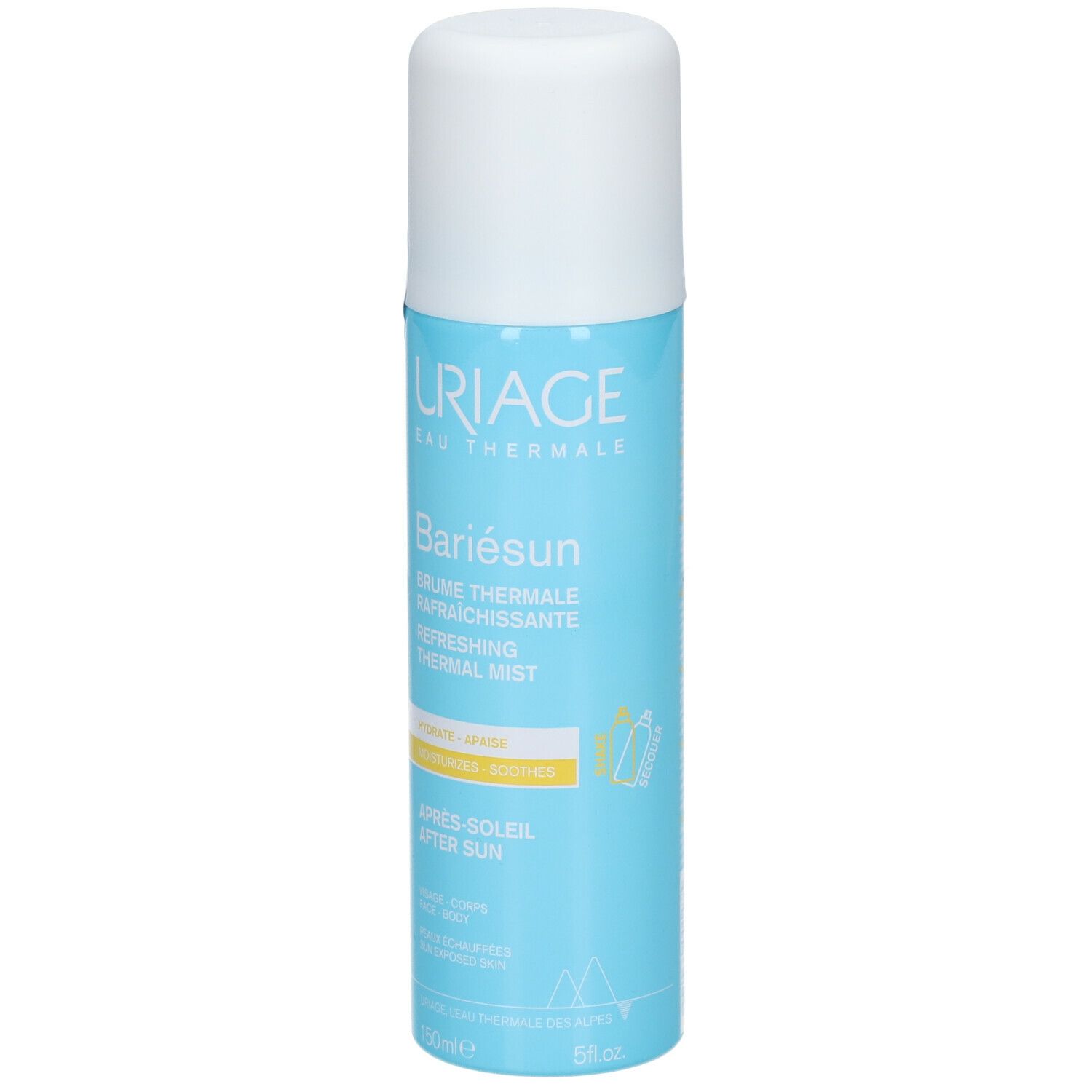 Blauw-witte sprayfles met productnaam en tekst. Uriage Eau Thermale Bariésun After Sun. 150ml.