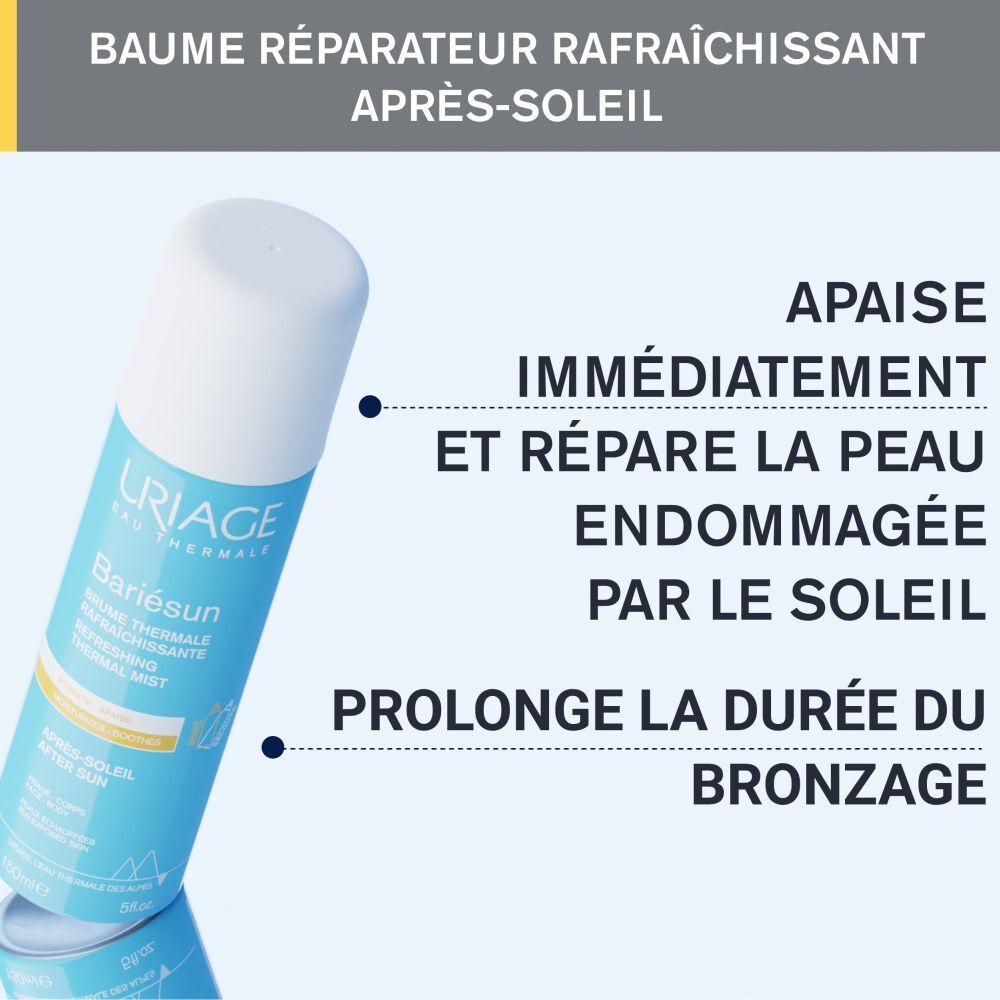 Visuel produit avec texte. Uriage Bariésun Après-Soleil. Apaise, répare, prolonge le bronzage.