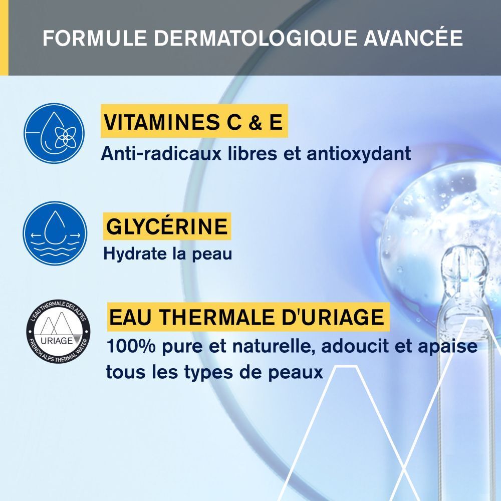 Visuel produit avec texte. Uriage Bariésun Après-Soleil. Vitamines C&E, Glycérine, Eau Thermale Uriage.