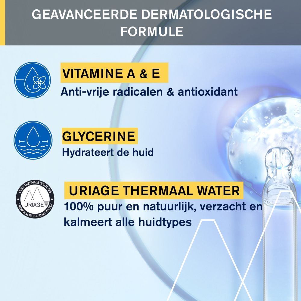 Productafbeelding met tekst. Uriage Bariésun After-Sun. Vitamines A&E, Glycerine, Uriage Thermaal Water.