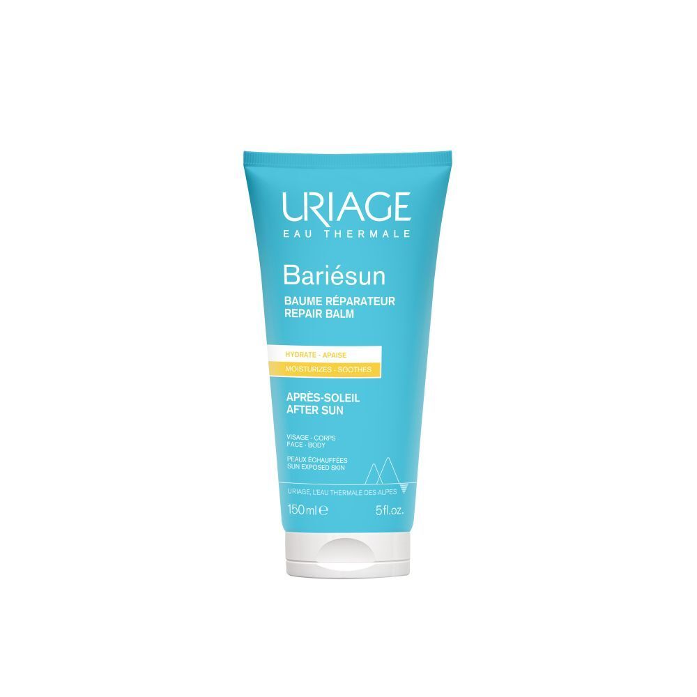 Tube bleu et blanc avec nom et marque du produit. Texte : Après-Soleil, 150ml.
