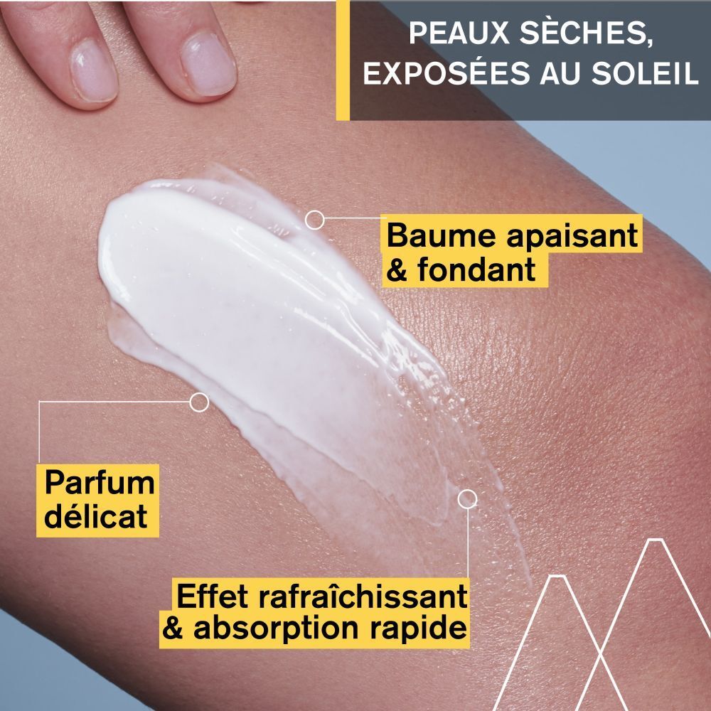 Produit appliqué sur la peau. Texte : Répare la peau endommagée par le soleil.