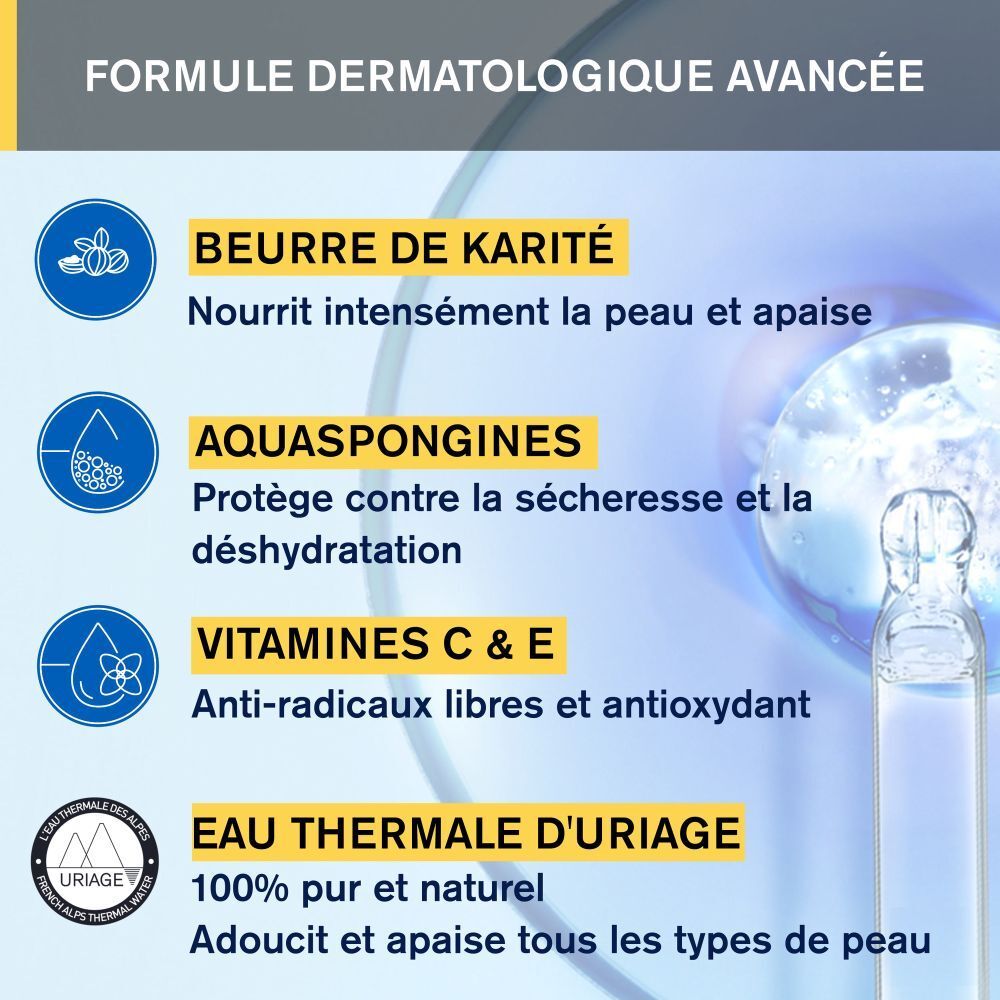 Dos du tube avec texte. Texte : A l'Eau Thermale d'Uriage, Dermatologiquement testé.