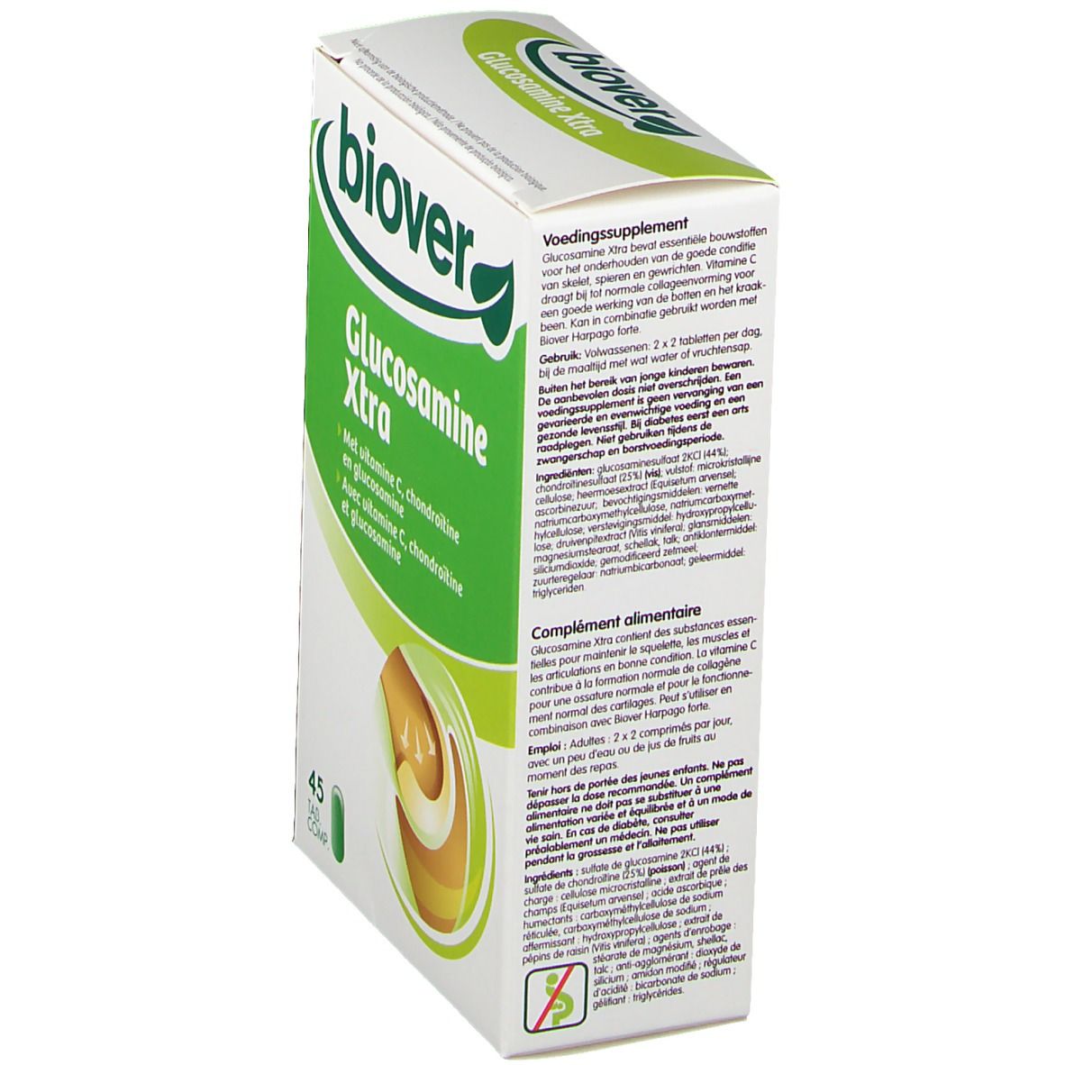 Boîte Biover Glucosamine Xtra. Logo vert et texte. Contient 45 comprimés. Illustration d'une articulation.