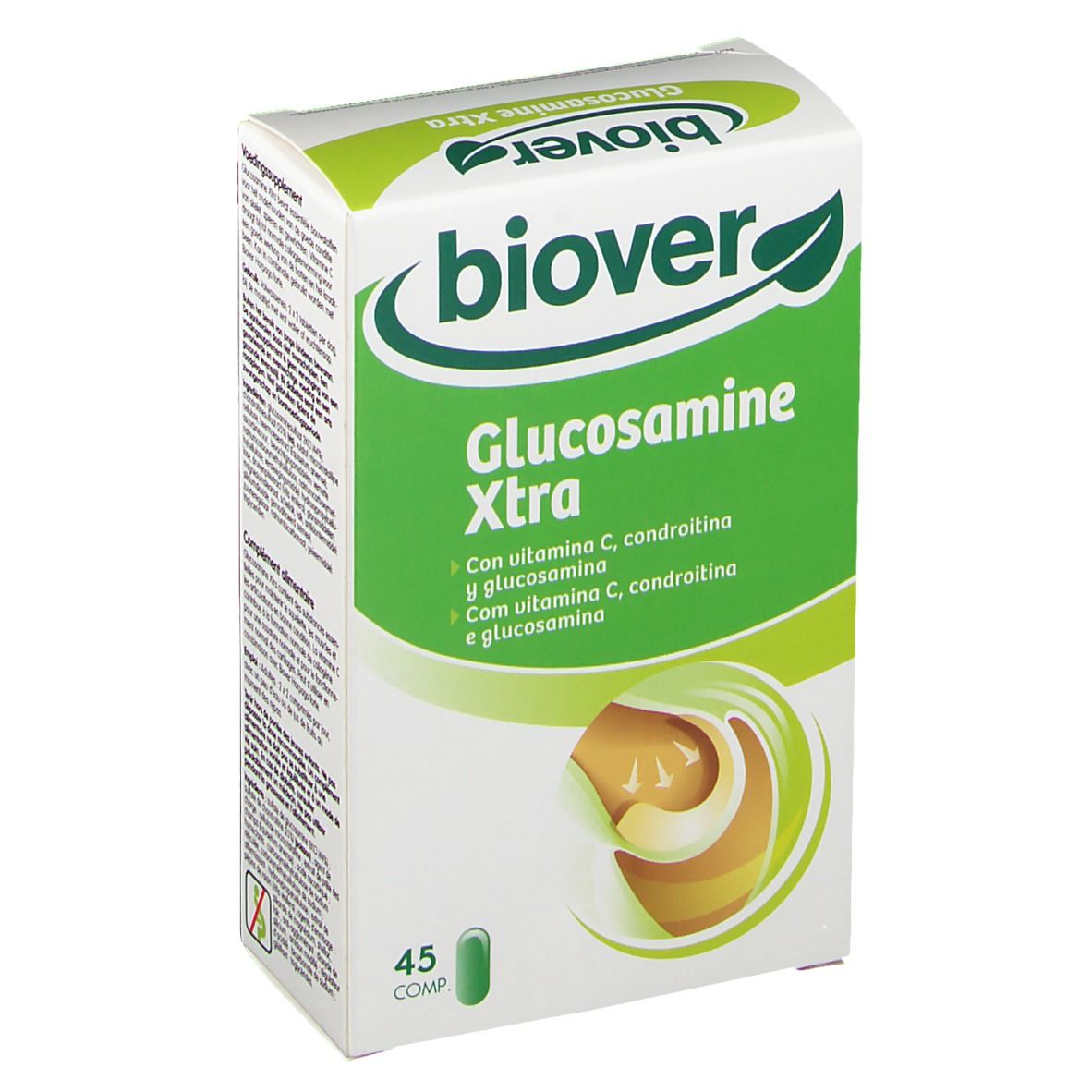 Boîte Biover Glucosamine Xtra. Logo vert et texte. Contient 45 comprimés. Illustration d'une articulation.