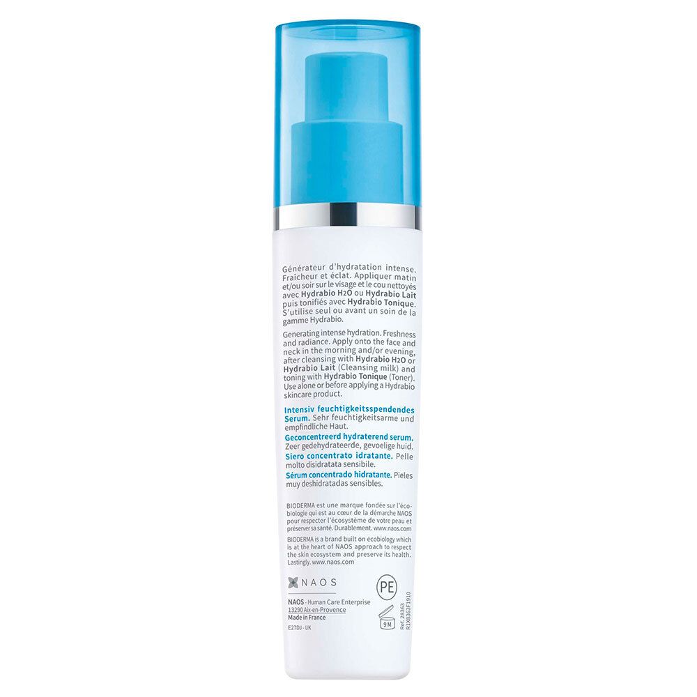 Achterkant van de BIODERMA Hydrabio Sérum fles. Meertalige tekst. NAOS-logo. PE-logo.