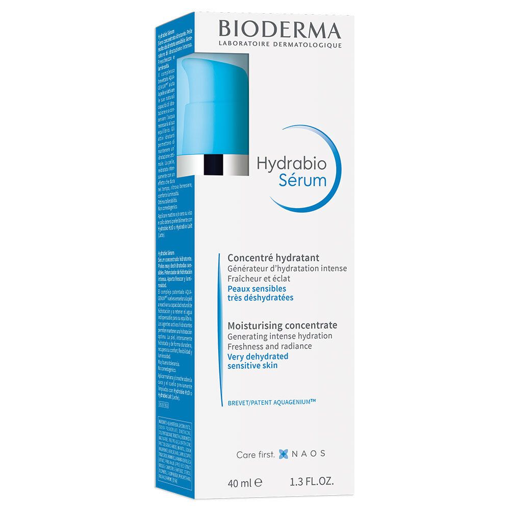 Verpakking BIODERMA Hydrabio Sérum. Witte doos met blauwe pomp. Tekst: Hydrabio Sérum, Concentré hydratant, 40 ml.
