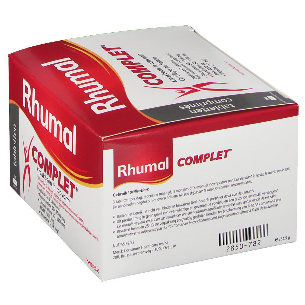 Verpakking van Rhumal Complet tabletten. Rode en witte doos met productnaam en ingrediënten. 180 tabletten.