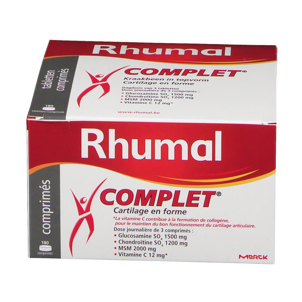 Verpakking van Rhumal Complet tabletten. Rode en witte doos met productnaam en ingrediënten. 180 tabletten.