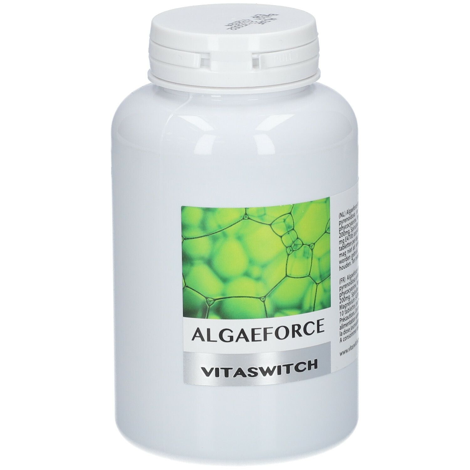 Flacon blanc avec bouchon à vis. Étiquette avec motif vert et texte : ALGAEFORCE, VITASWITCH.