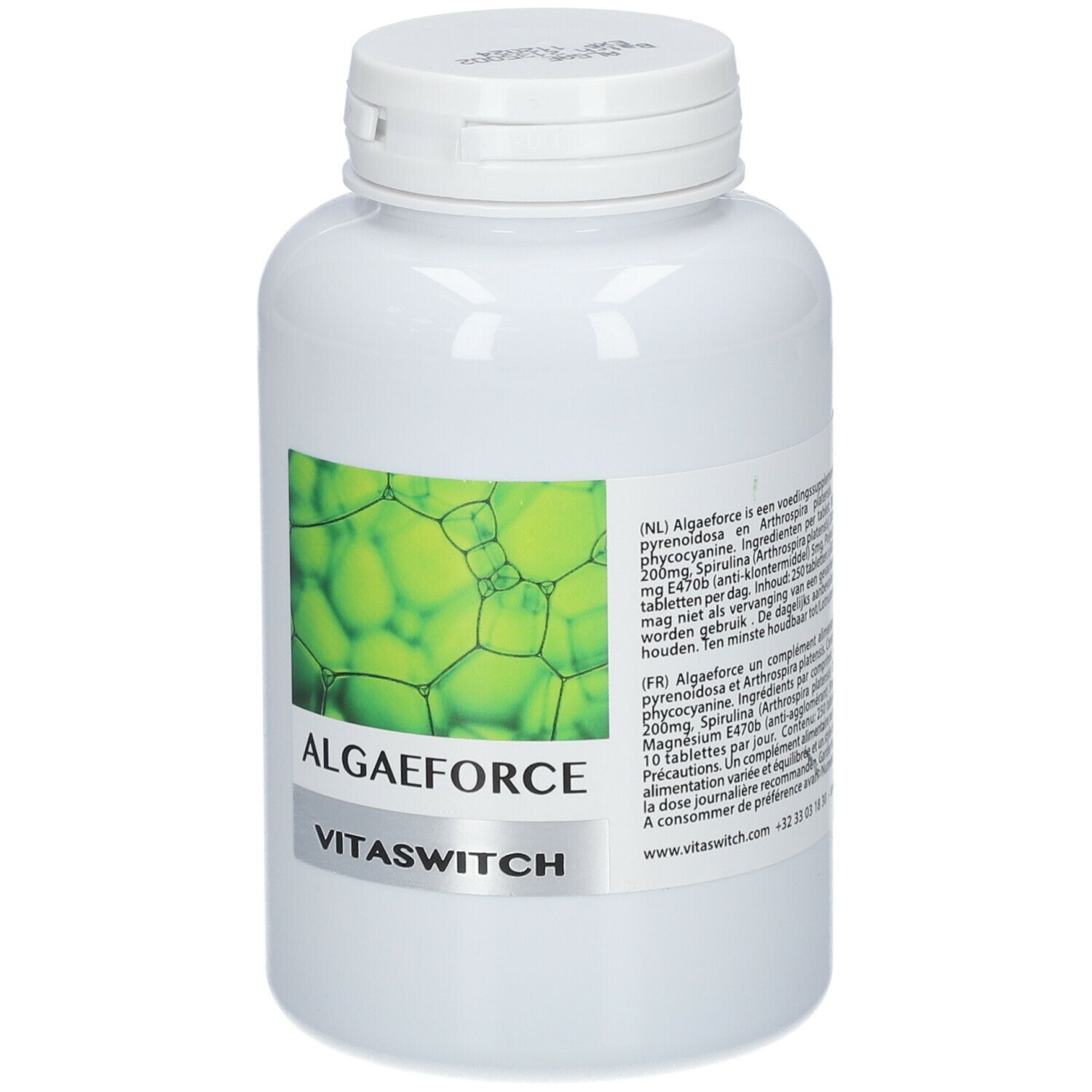Flacon blanc avec bouchon à vis. Étiquette avec motif vert et texte : ALGAEFORCE, VITASWITCH.
