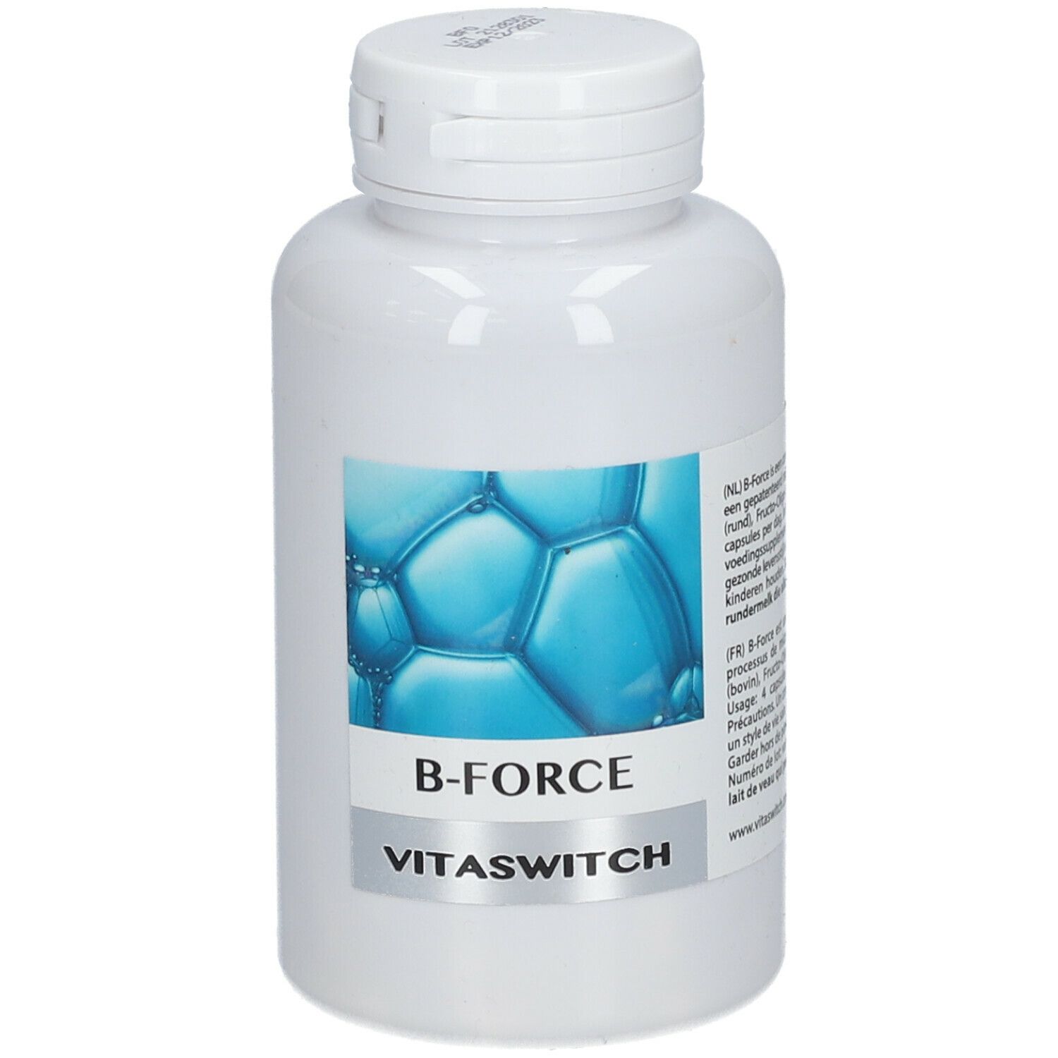 Flacon blanc avec étiquette bleue. Inscription: B-Force, Vitaswitch. Conteneur de gélules.