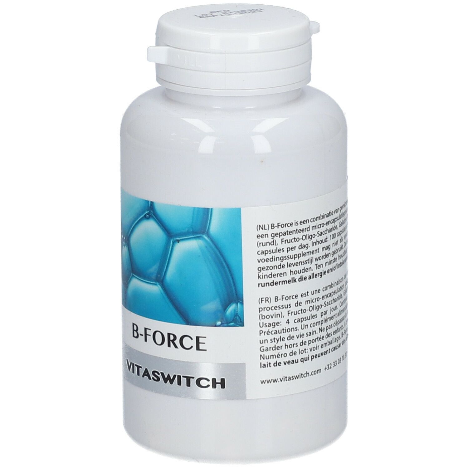 Flacon blanc avec étiquette bleue. Inscription: B-Force, Vitaswitch. Conteneur de gélules.