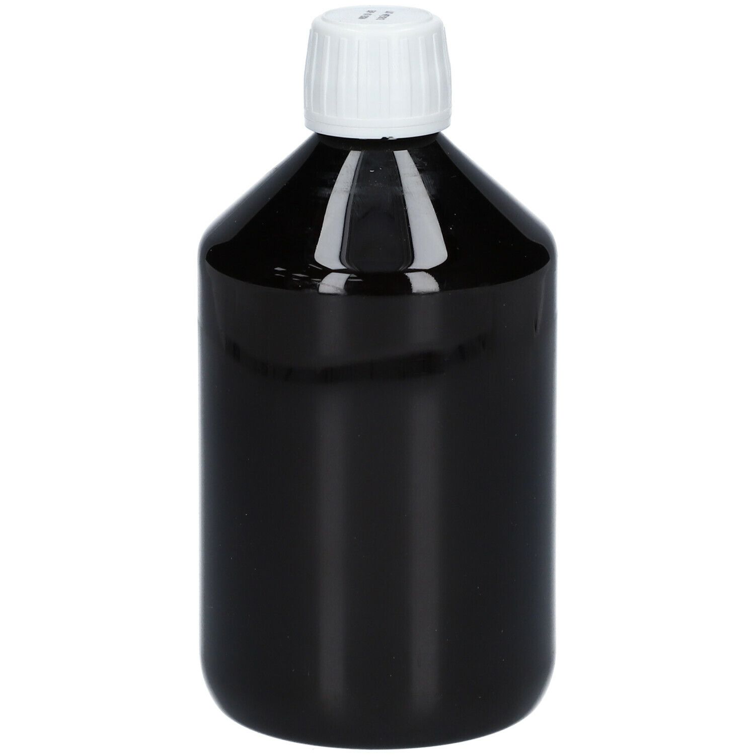 Bouteille marron avec bouchon blanc. Aucune inscription visible. Bouteille sur fond clair.