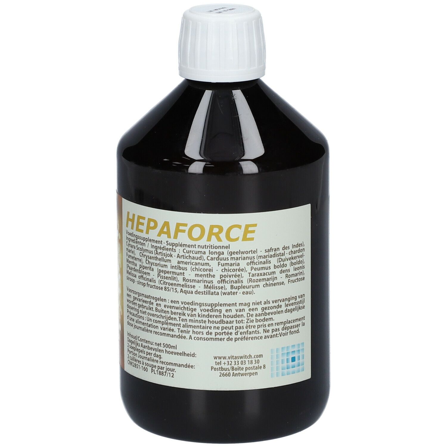 Bouteille marron avec bouchon blanc. Inscription: HEPAFORCE. Étiquette avec ingrédients et dosage. Bouteille sur fond clair.