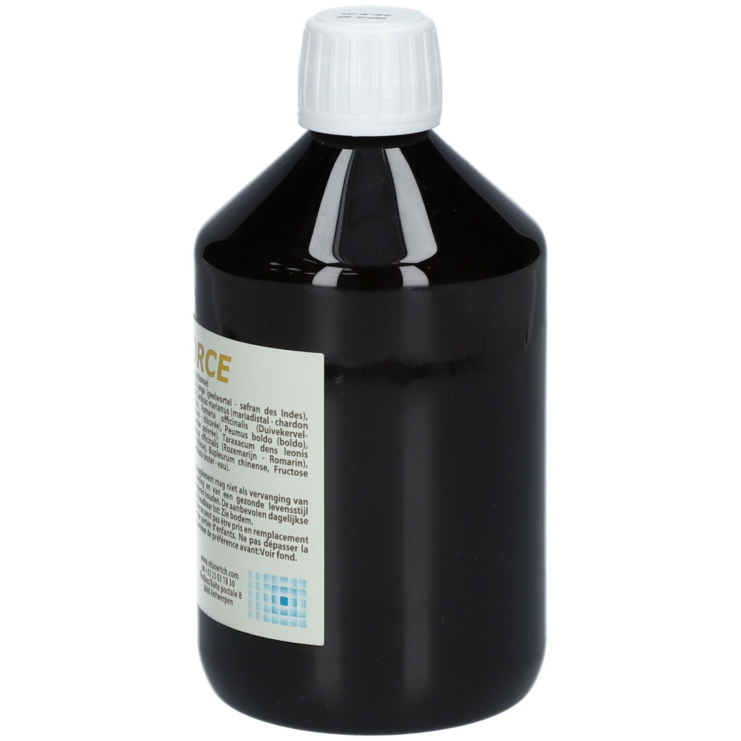 Bouteille marron avec bouchon blanc. Inscription: HEPAFORCE. Étiquette avec ingrédients et dosage. Bouteille sur fond clair.