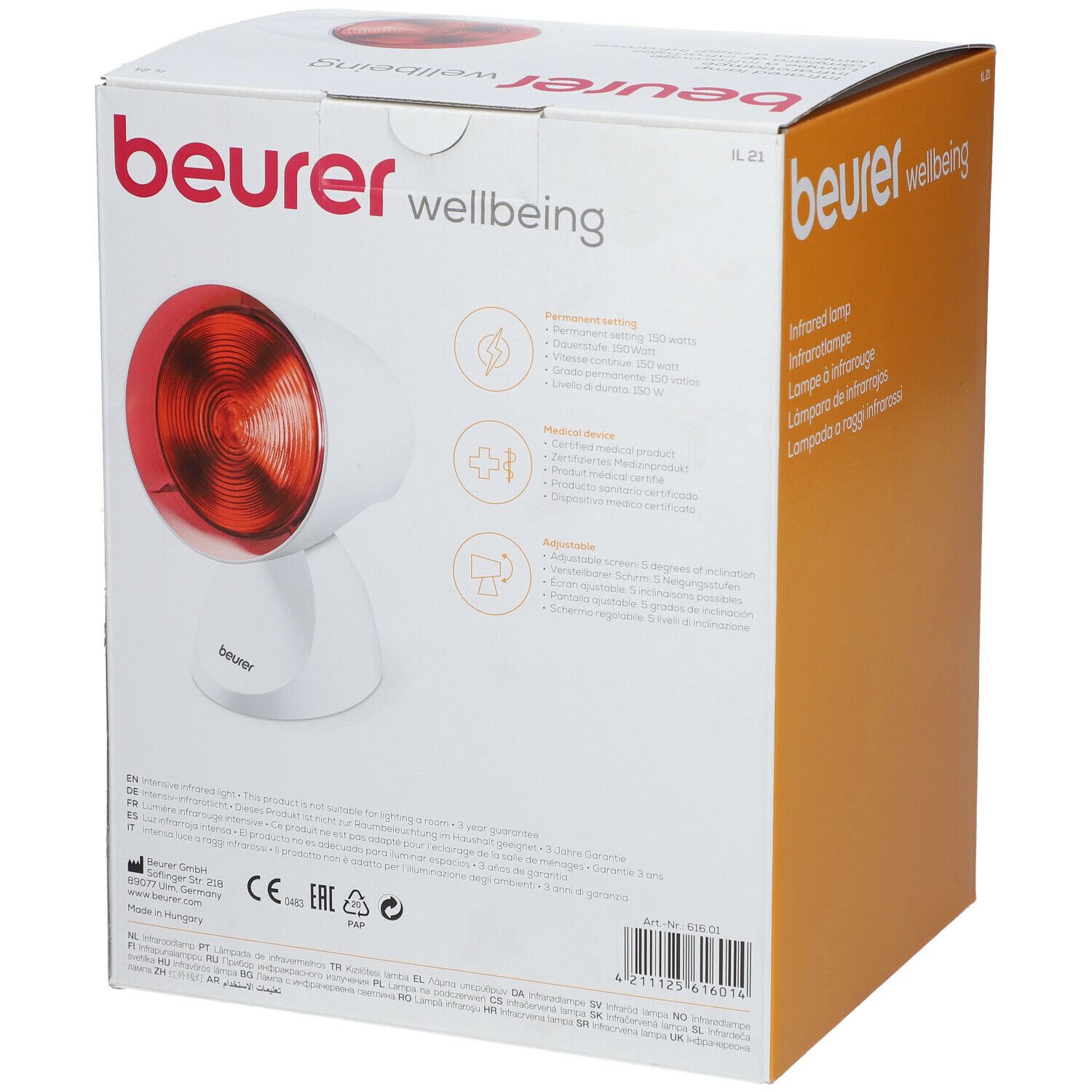 Dos de l'emballage de la lampe infrarouge IL 21 Beurer. Informations produit et spécifications techniques.