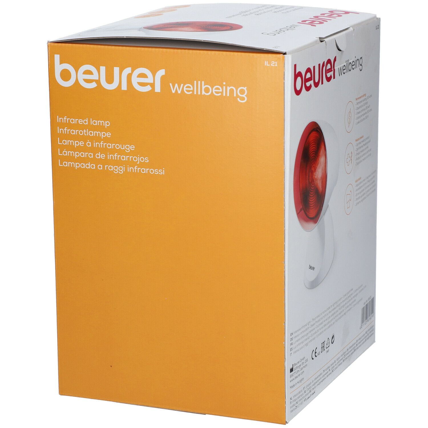 Emballage de la lampe infrarouge IL 21 Beurer. Appareil blanc avec lampe rouge. Nom du produit et marque visibles.