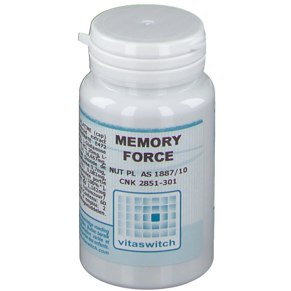 Witte fles met "Memory Force" etiket. Bevat capsules. Vitaswitch logo onderaan.