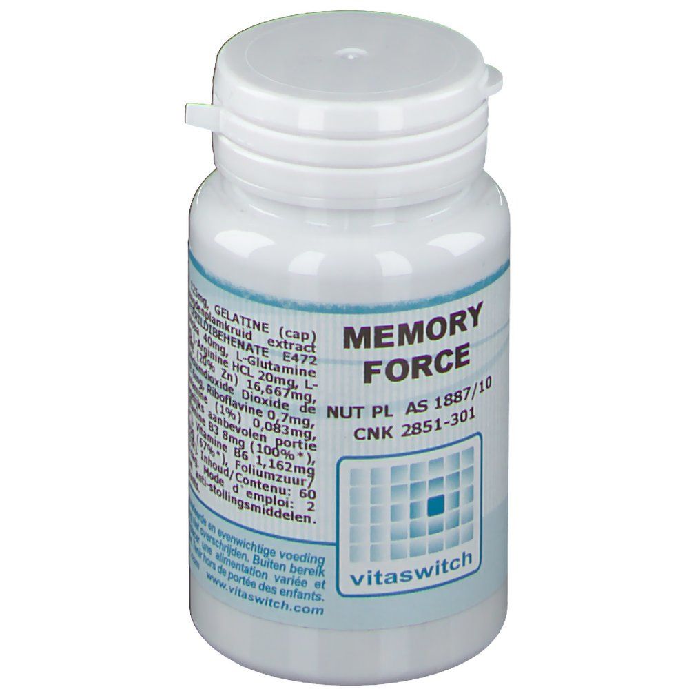 Witte fles met "Memory Force" etiket. Bevat capsules. Vitaswitch logo onderaan.