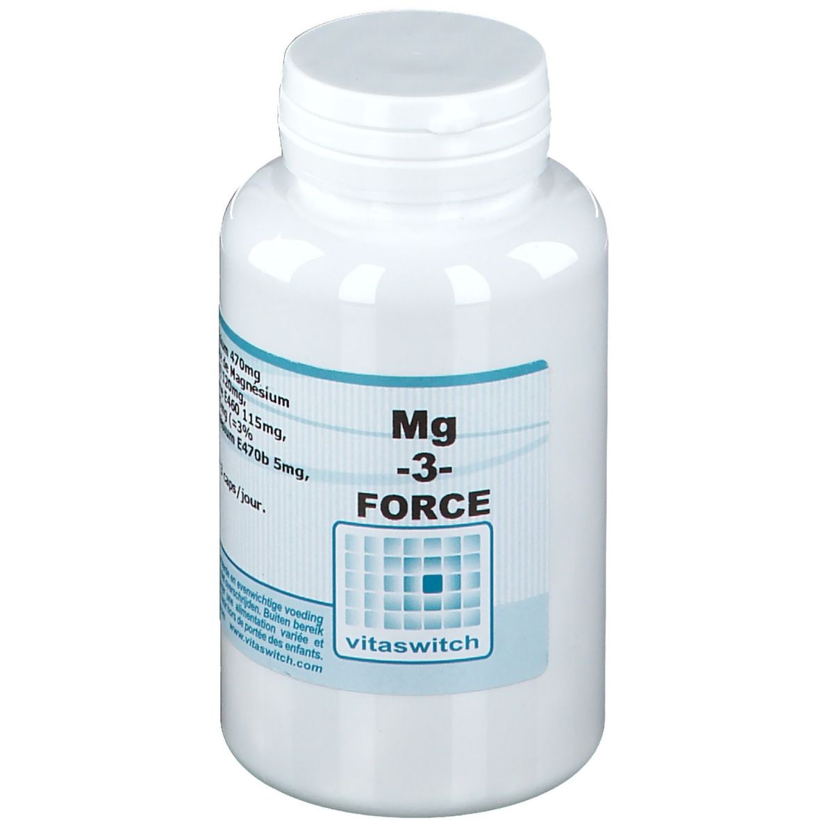 Witte fles met blauw etiket. Opschrift: Mg -3- FORCE. Merk: vitaswitch. Bevat tabletten.