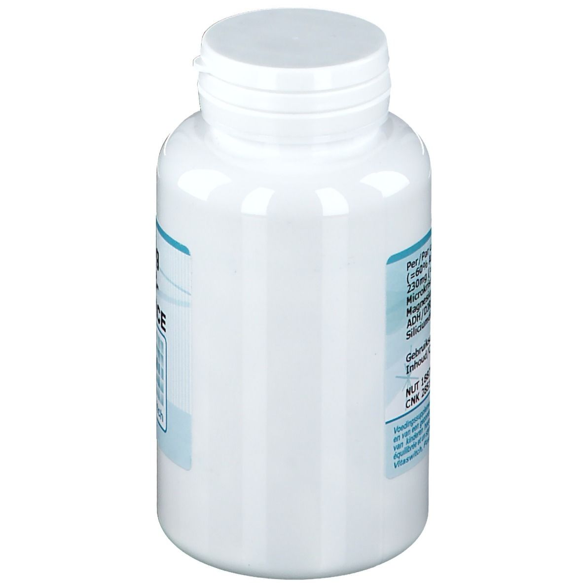 Witte fles met blauw etiket. Bevat informatie over ingrediënten en voedingswaarden.