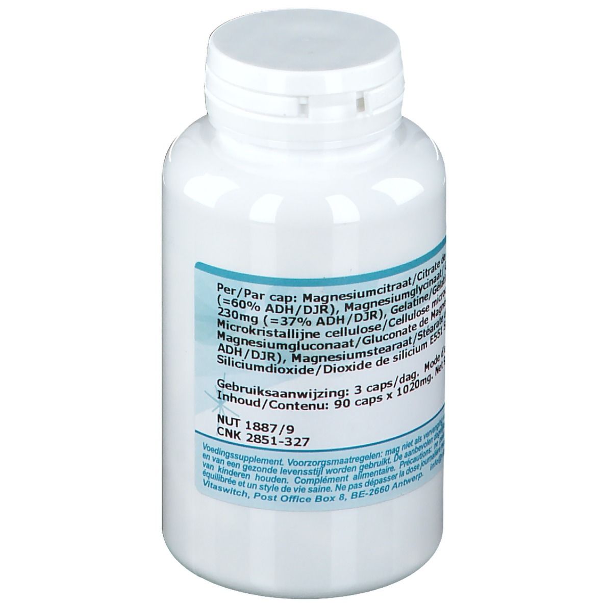 Witte fles met blauw etiket. Bevat informatie over ingrediënten en dosering. 90 capsules.