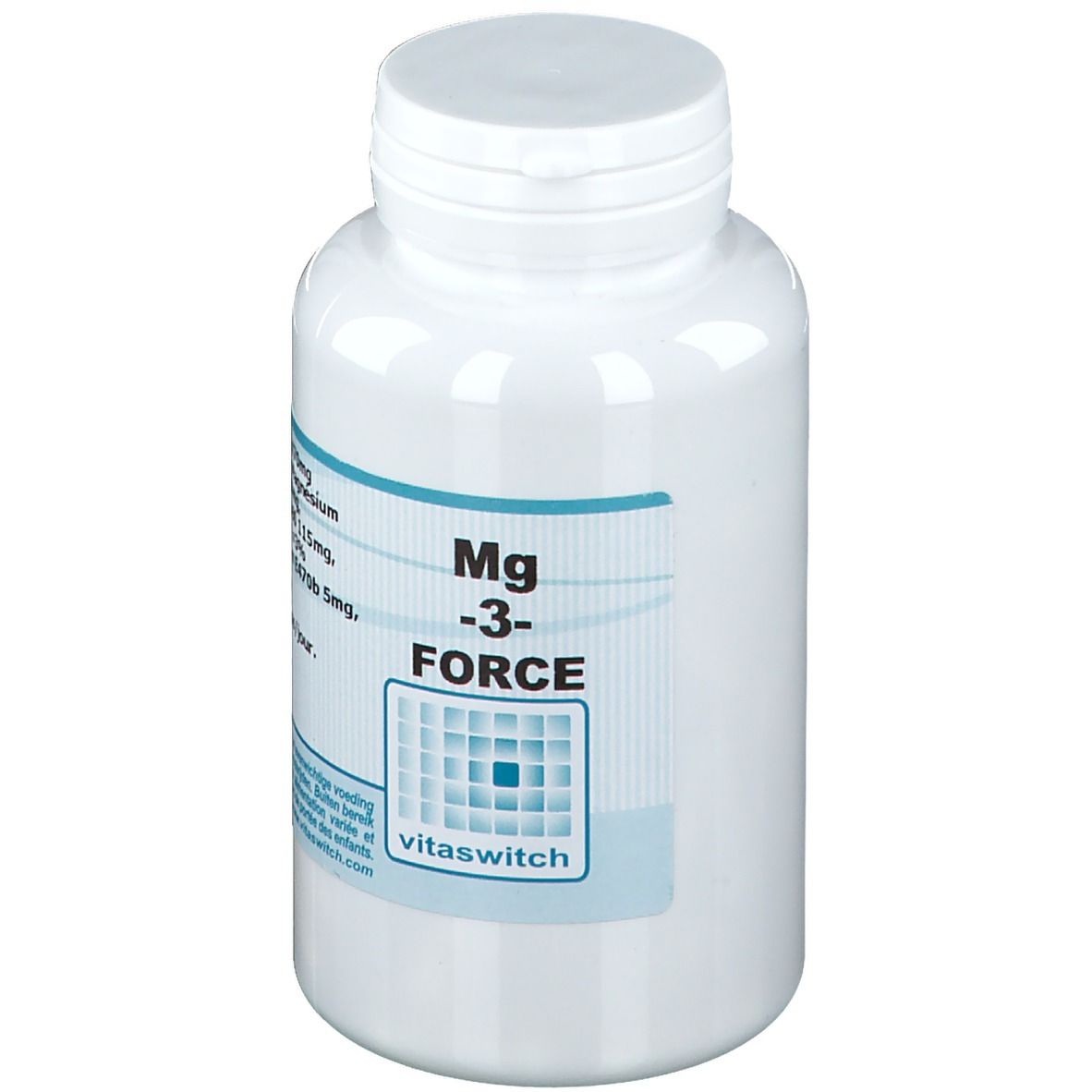 Witte fles met blauw etiket. Opschrift: Mg -3- FORCE. Merk: vitaswitch. Bevat tabletten.