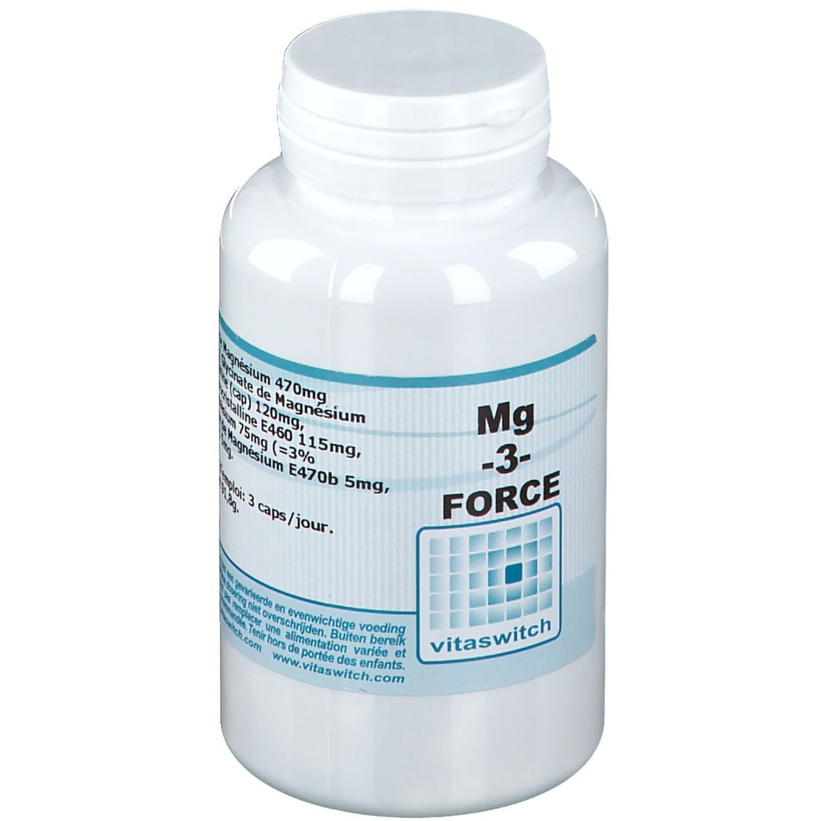 Witte fles met blauw etiket. Opschrift: Mg -3- FORCE. Bevat informatie over ingrediënten en dosering.