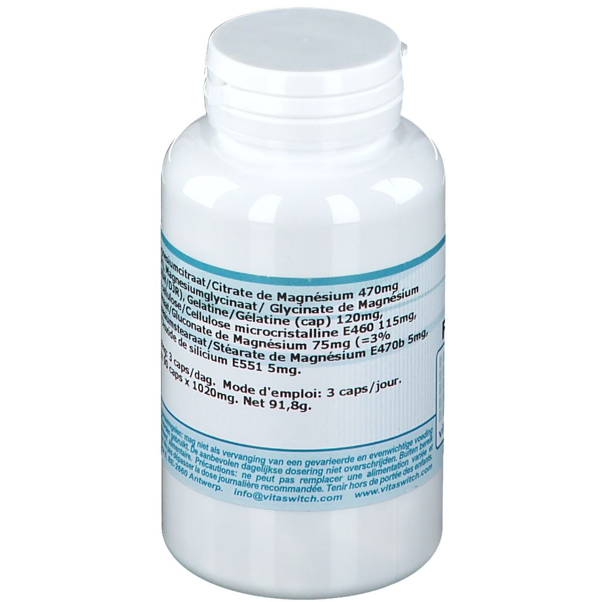 Witte fles met blauw etiket. Bevat informatie over ingrediënten en dosering. 90 capsules.