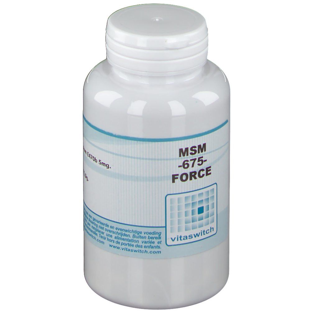 Flacon blanc avec bouchon blanc. Inscription: MSM-675-FORCE. Marque: vitaswitch.