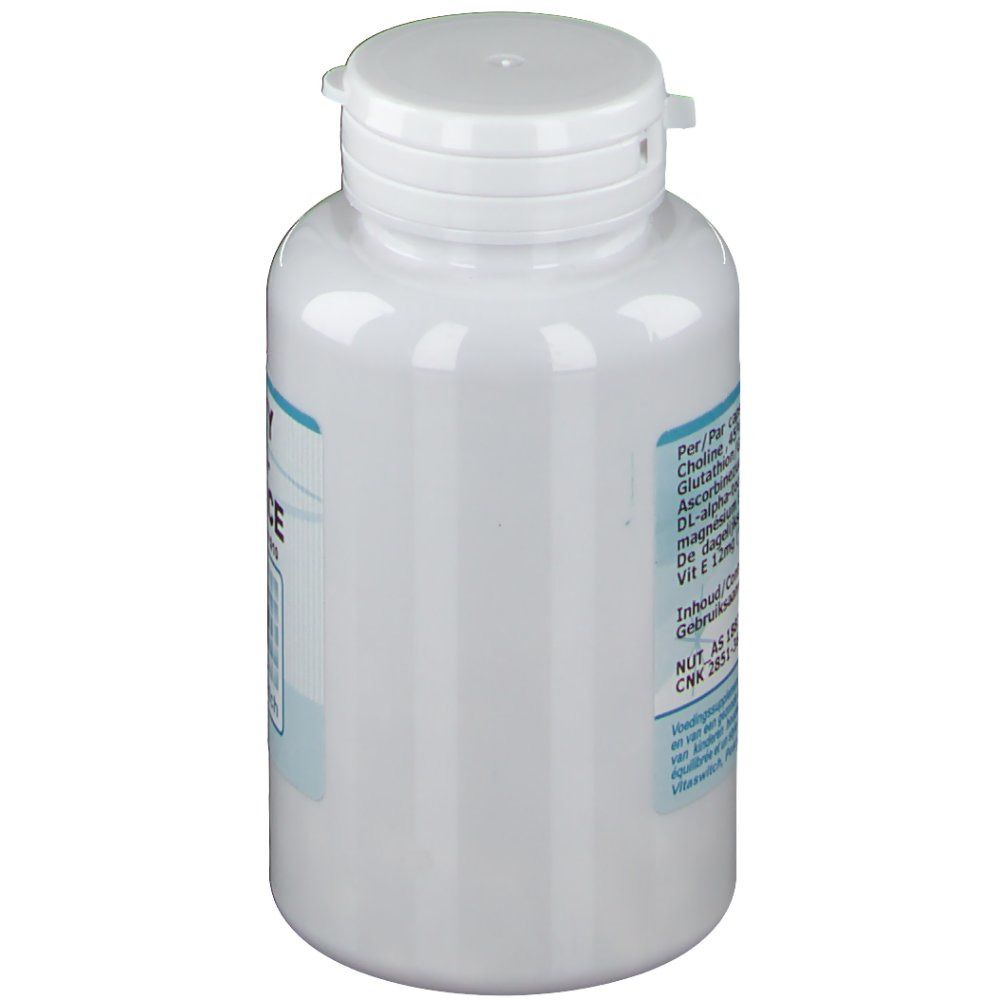 Flacon blanc avec couvercle blanc. Étiquette avec texte. Informations produit en néerlandais.