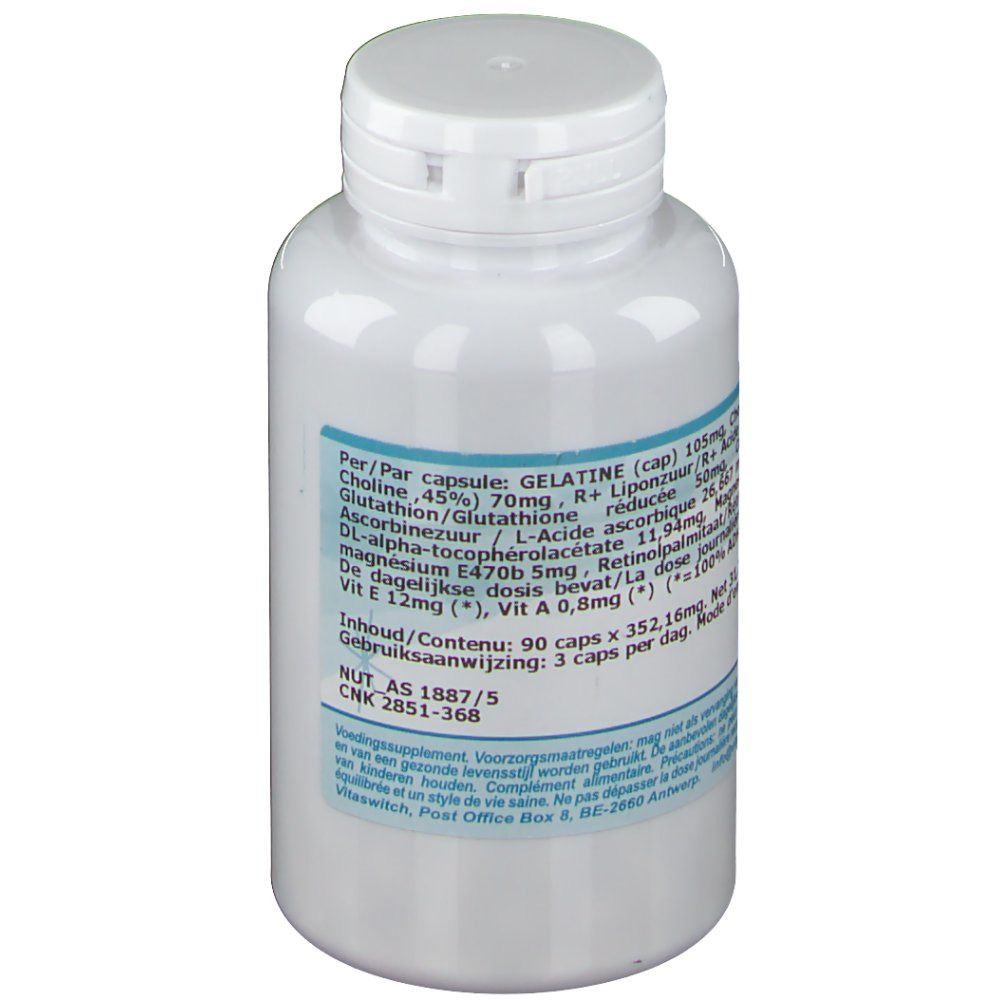 Flacon blanc avec couvercle blanc. Étiquette avec texte. Informations produit en néerlandais.