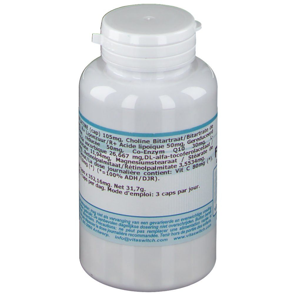 Flacon blanc avec couvercle blanc. Étiquette avec texte. Informations produit en néerlandais.