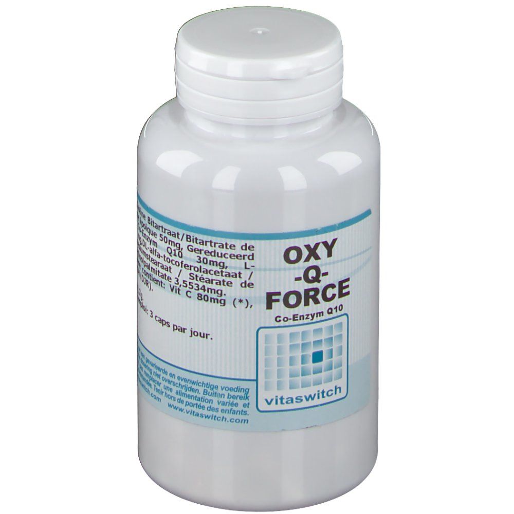 Flacon blanc avec couvercle blanc. Inscription: OXY -Q-FORCE, Co-enzyme Q10. Marque: Vitaswitch.