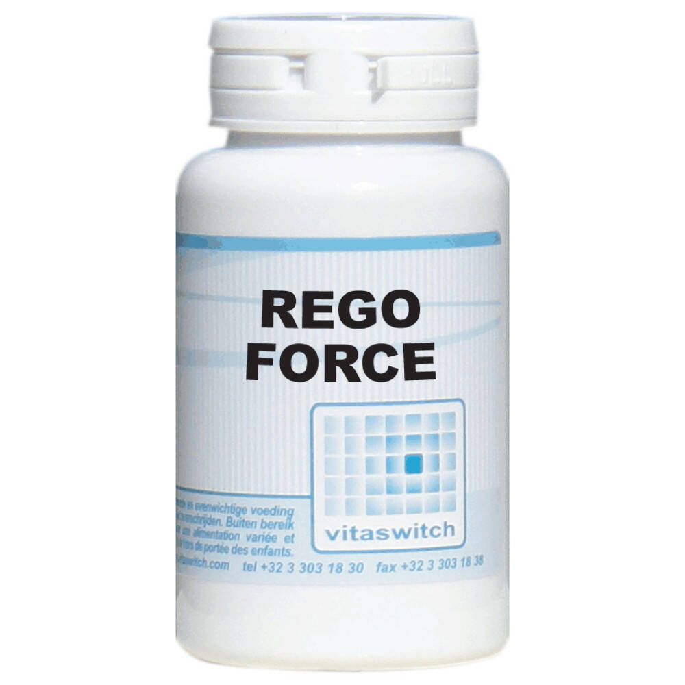 Flacon blanc avec inscription "REGO FORCE". Logo et texte "vitaswitch" en dessous.
