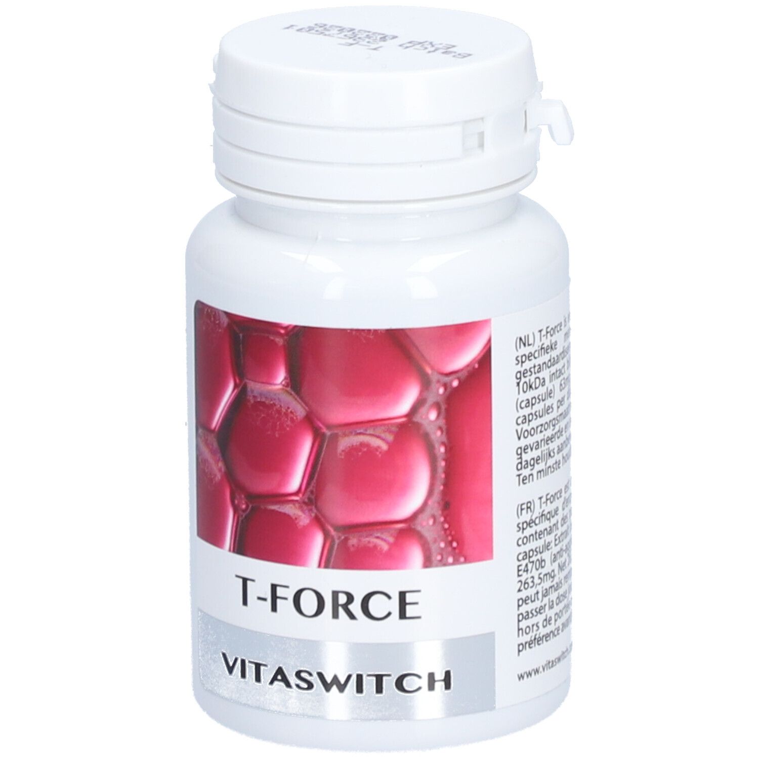 Flacon blanc avec étiquette rouge. Inscription: T-FORCE, VITASWITCH. Couvercle avec fermeture.