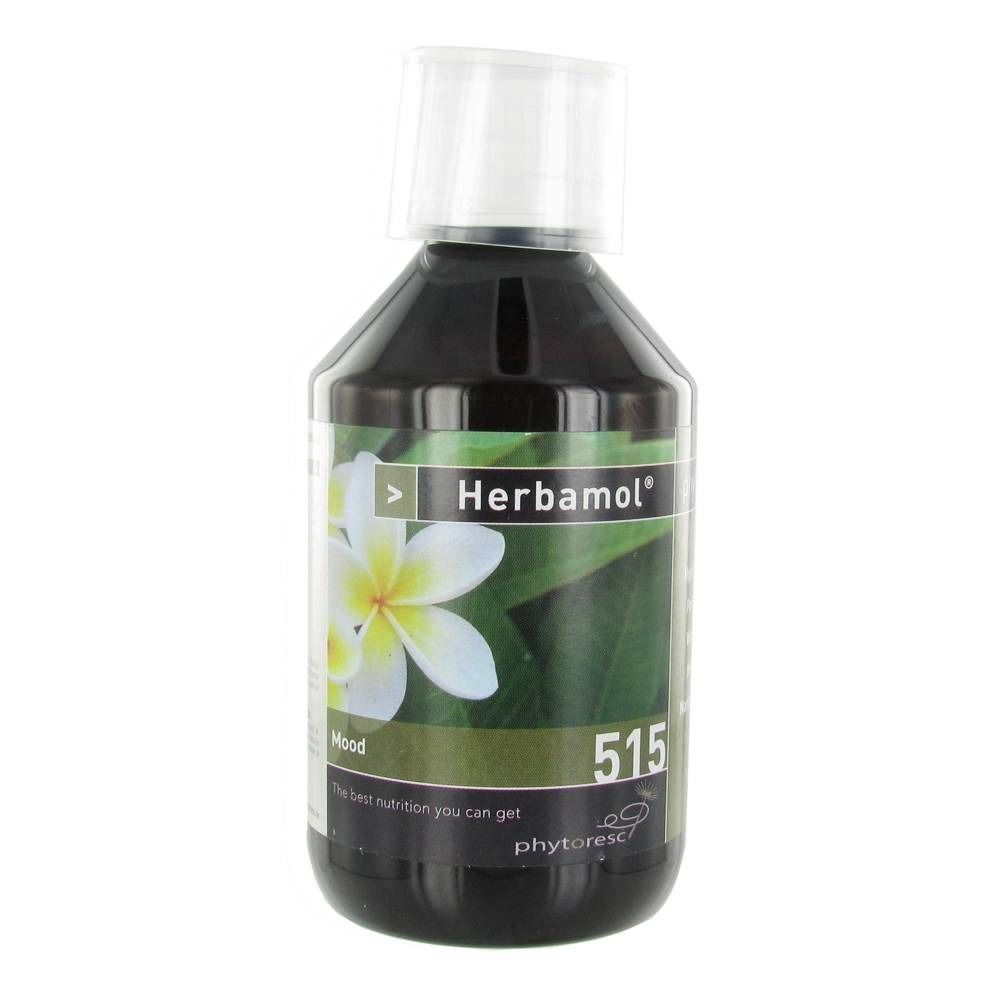 Bruine vloeistof in fles met witte dop. Opschrift Herbamol, Mood, 515 en logo.