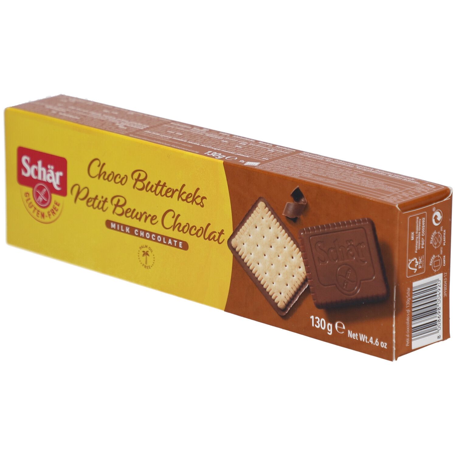 Schachtel mit Schär Choco Butterkeks glutenfrei. Gelbe und braune Verpackung. Aufdrucke: Choco Butterkeks, Petit Beurre Chocolat, 130g.