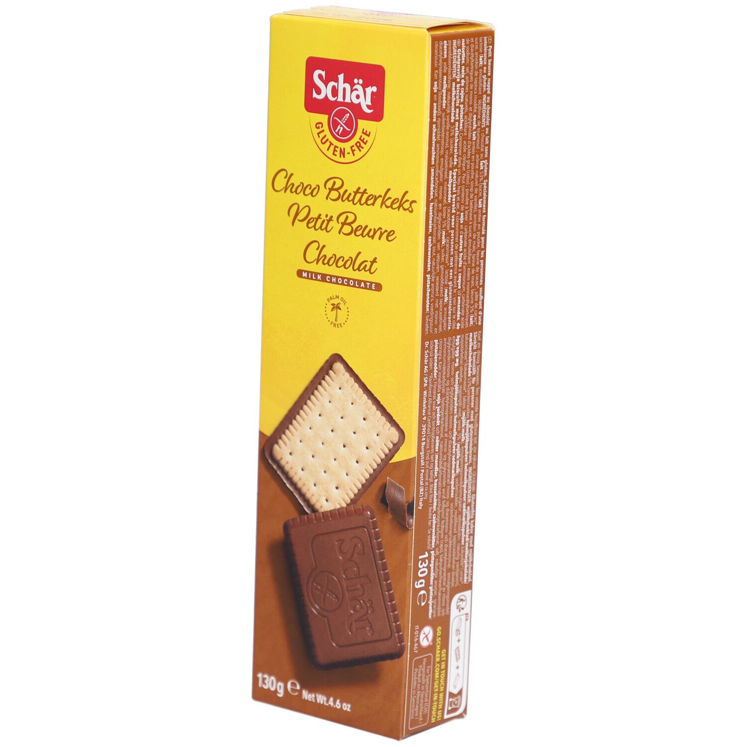 Schachtel mit Schär Choco Butterkeks glutenfrei. Gelbe und braune Verpackung. Aufdrucke: Choco Butterkeks, Petit Beurre Chocolat, 130g.