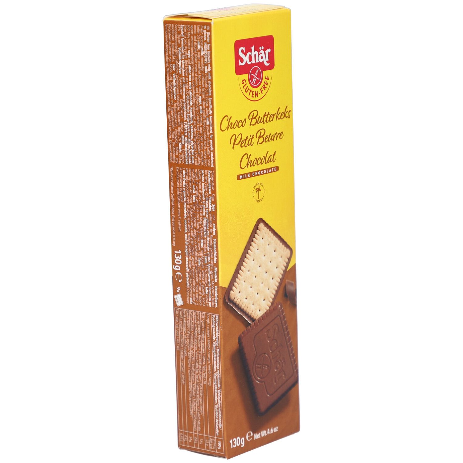 Schachtel mit Schär Choco Butterkeks glutenfrei. Gelbe und braune Verpackung. Aufdrucke: Choco Butterkeks, Petit Beurre Chocolat, 130g.