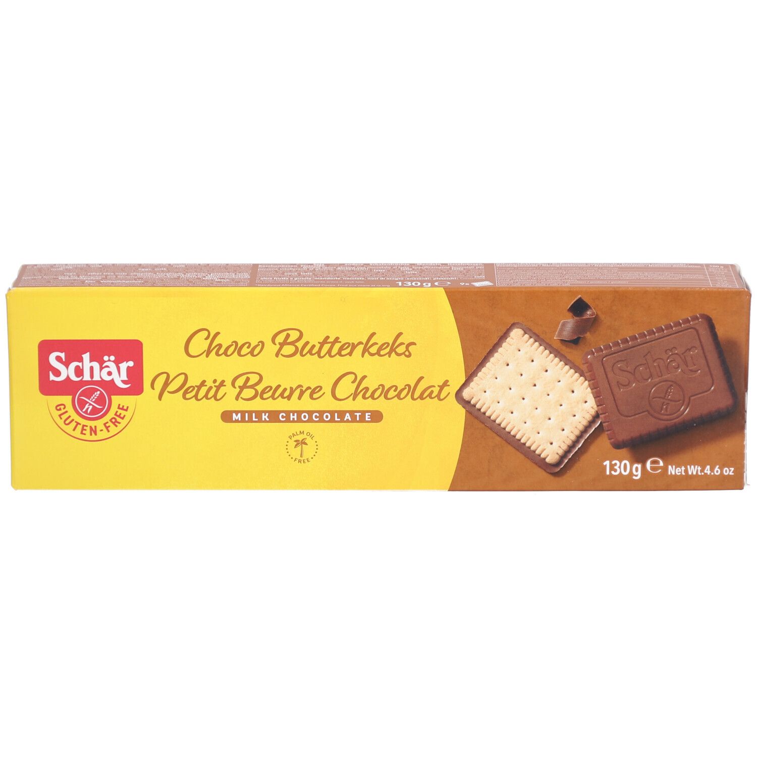 Schachtel mit Schär Choco Butterkeks glutenfrei. Gelbe und braune Verpackung. Aufdrucke: Choco Butterkeks, Petit Beurre Chocolat, 130g.