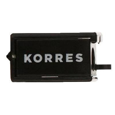 Applicateur d'eye-liner noir avec le mot "KORRES" en blanc. Forme rectangulaire avec des accents argentés et un trait noir.