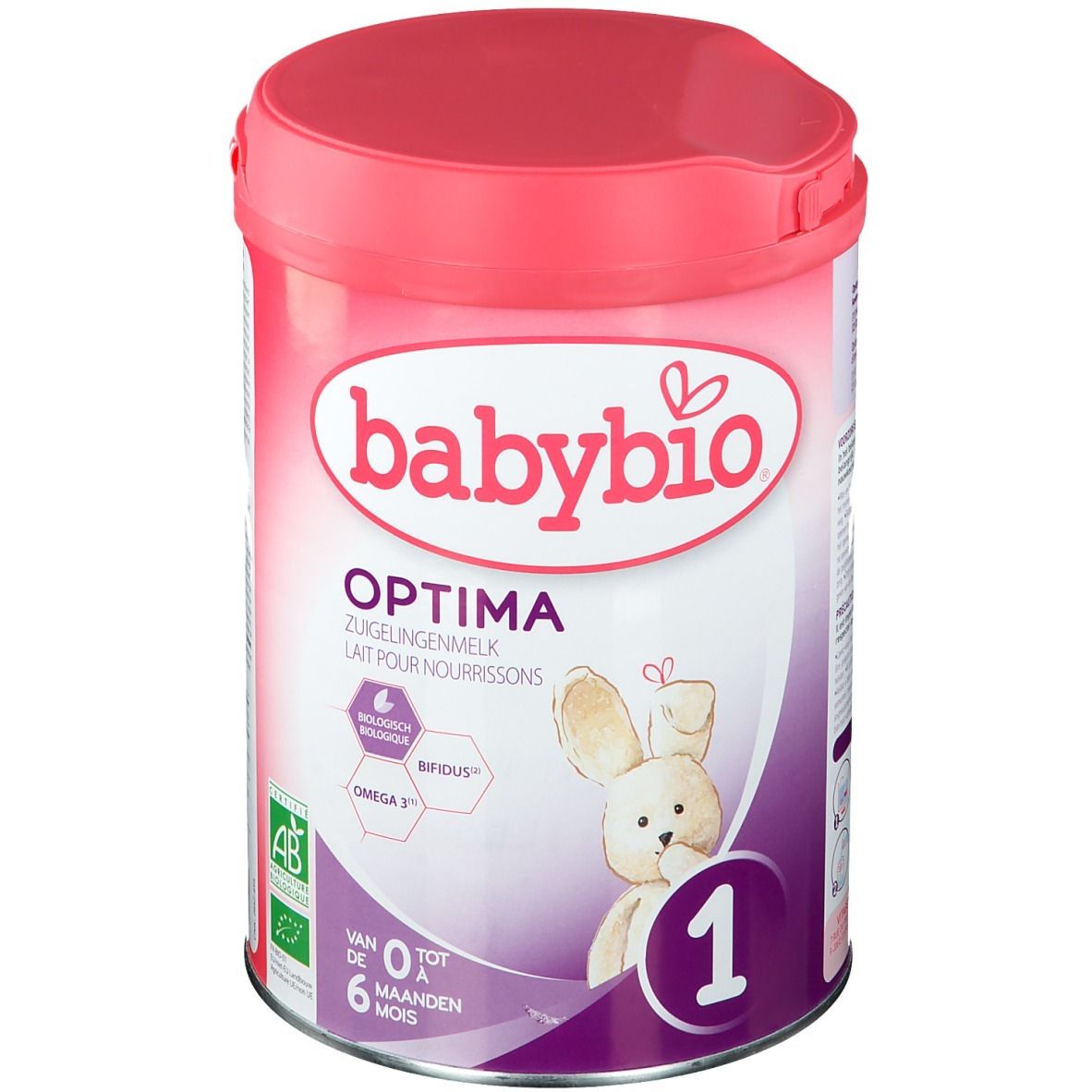 Boîte rose Babybio Optima 1. Inscription : OPTIMA, pour nourrissons, 0-6 mois, lapin. Label bio.