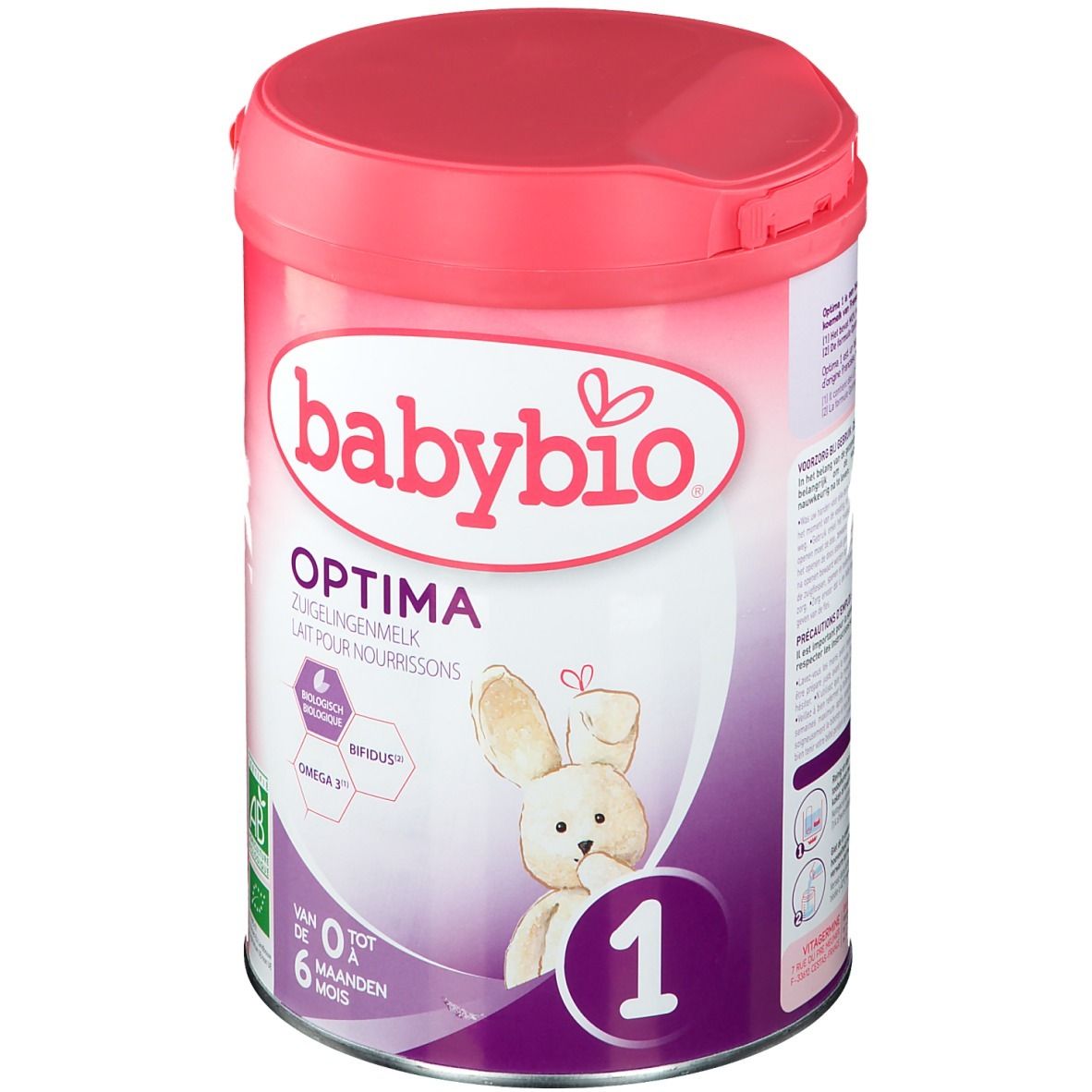 Boîte rose Babybio Optima 1. Inscription : OPTIMA, pour nourrissons, 0-6 mois, lapin. Label bio.