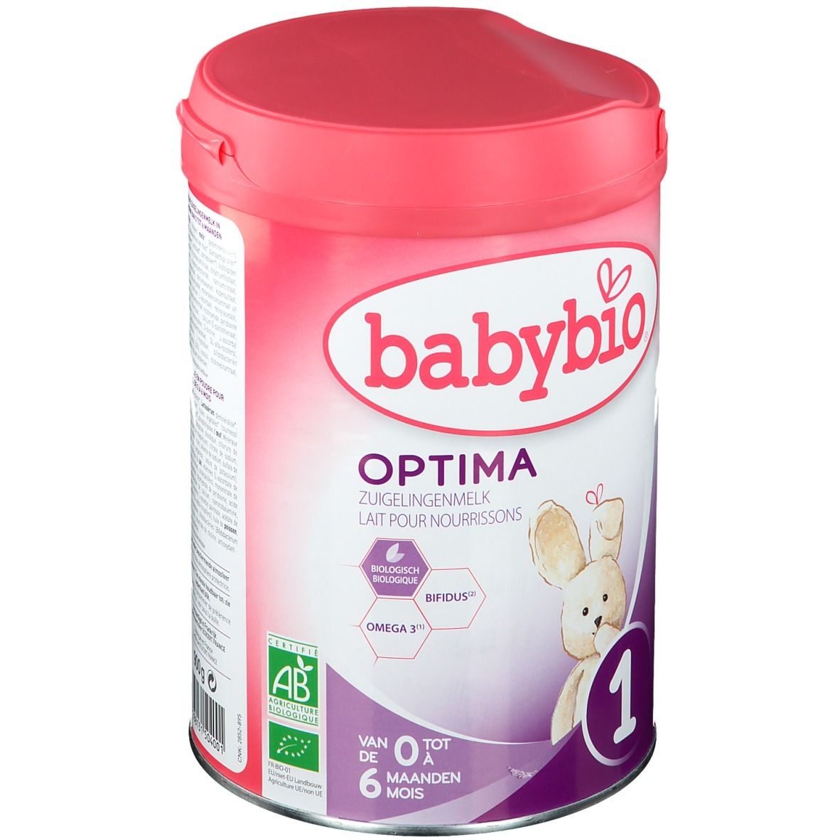 Boîte rose Babybio Optima 1. Inscription : OPTIMA, pour nourrissons, 0-6 mois, lapin. Label bio.