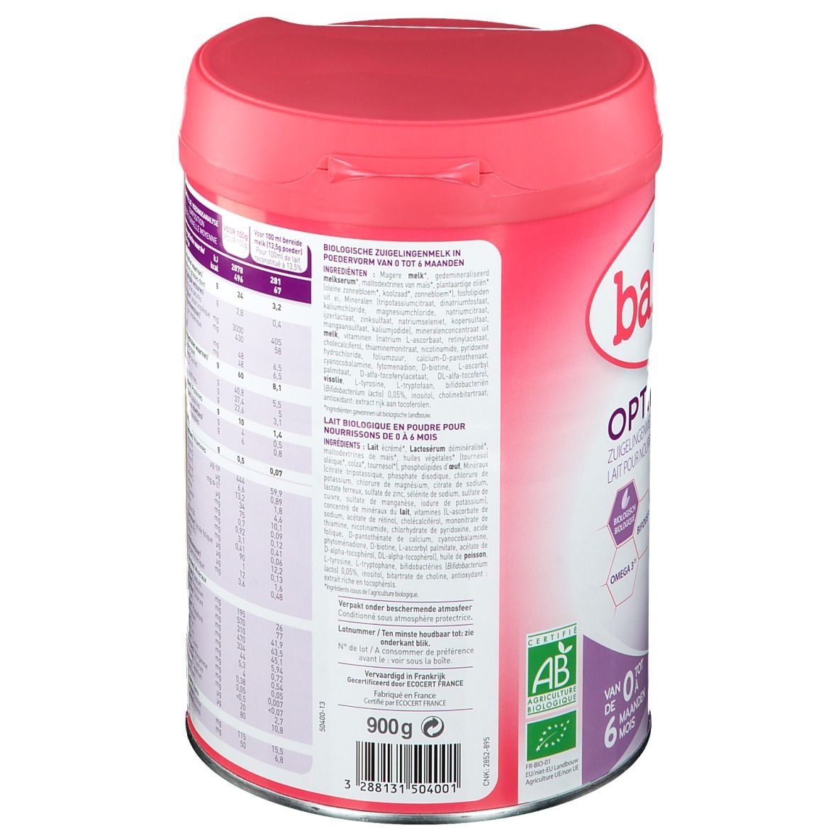 Dos de la boîte. Texte : Optima 1, bio, ingrédients, tableau nutritionnel, préparation, label bio, 900g.